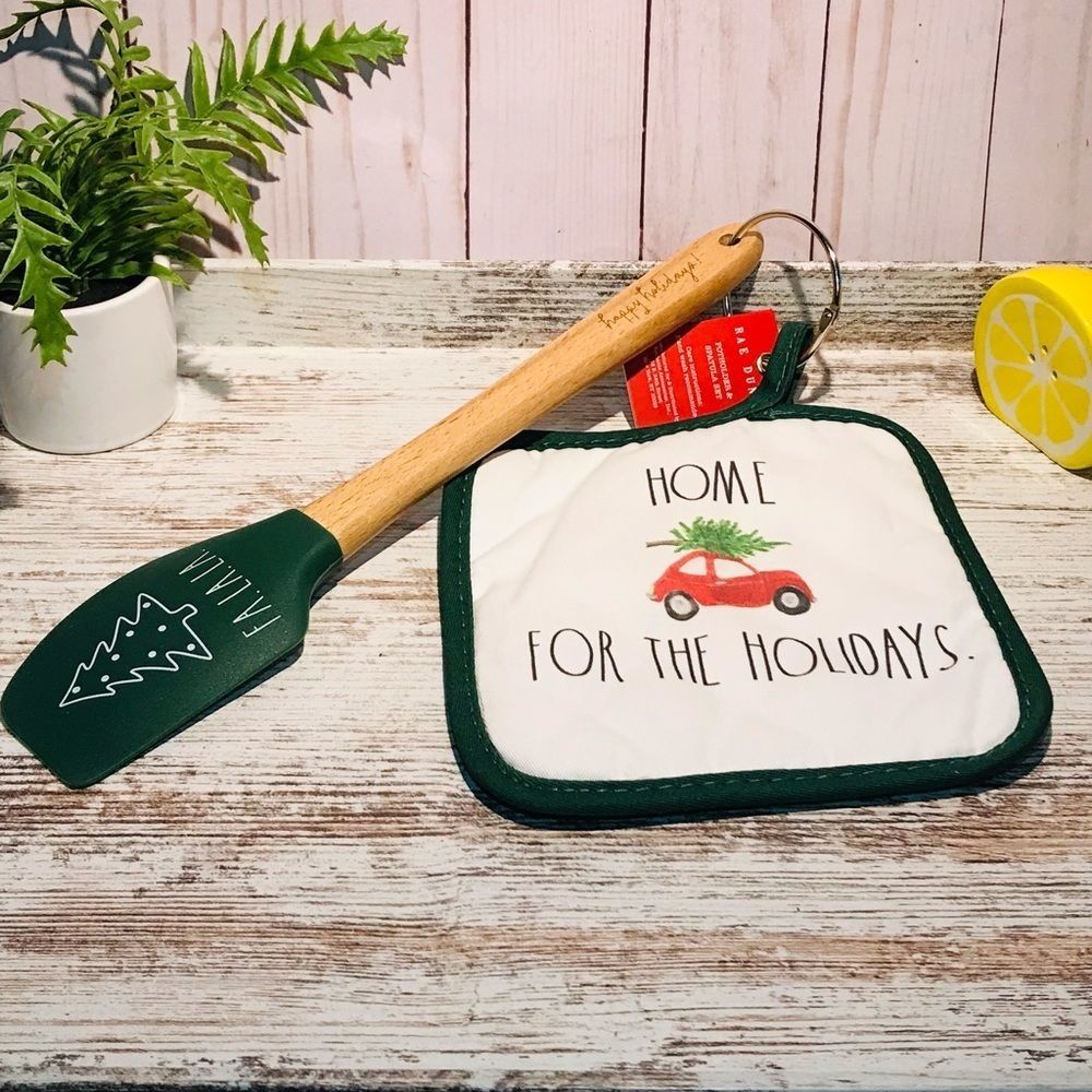 Rae Dunn HOME FOR THE HOLIDAYS potholder & FA LA LA spatula set Christmas